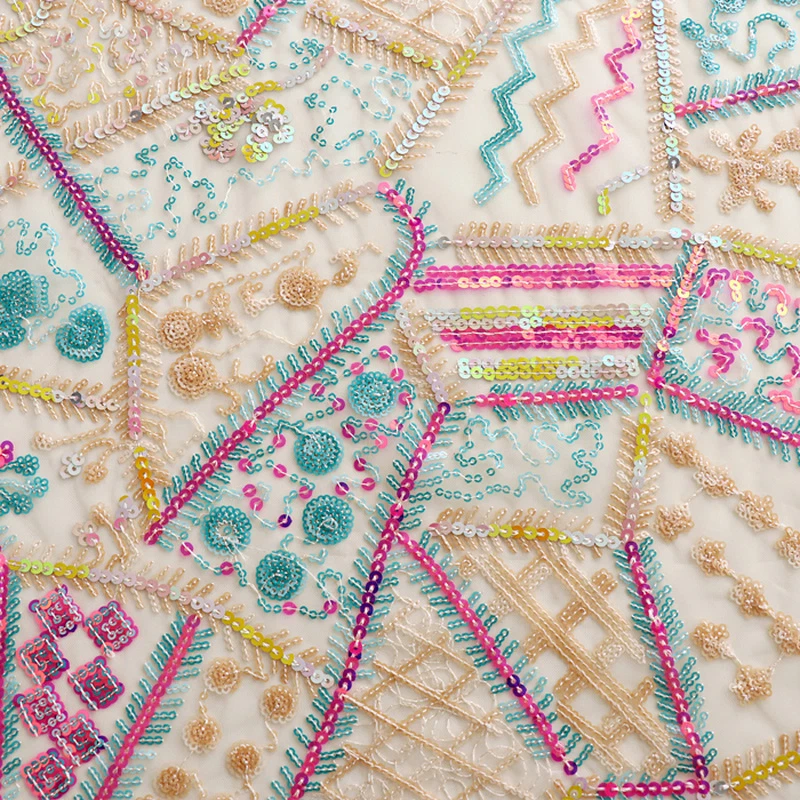 Multicolor Geometric Sequin Fabric Embroidered Mesh Shiny Sparkly Dress Top - Image 4 of 4