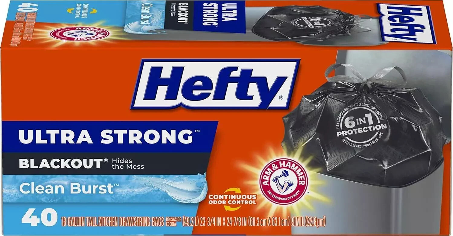 Hefty Ultra Strong Tall Kitchen Trash Bags, Blackout, Clean Burst, 13 Gallon, 40