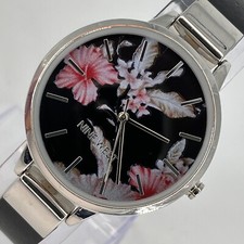 Nine West Womens Watch Round Black Pink Flower Print Dial Black Band NEW BATTERY