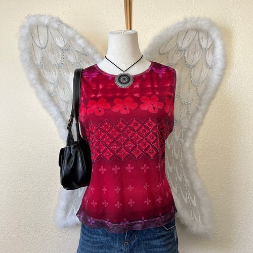90s Y2K Floral Mesh Tank Top Hibiscus Summer Red Pink Indie Grunge Surfer Girl