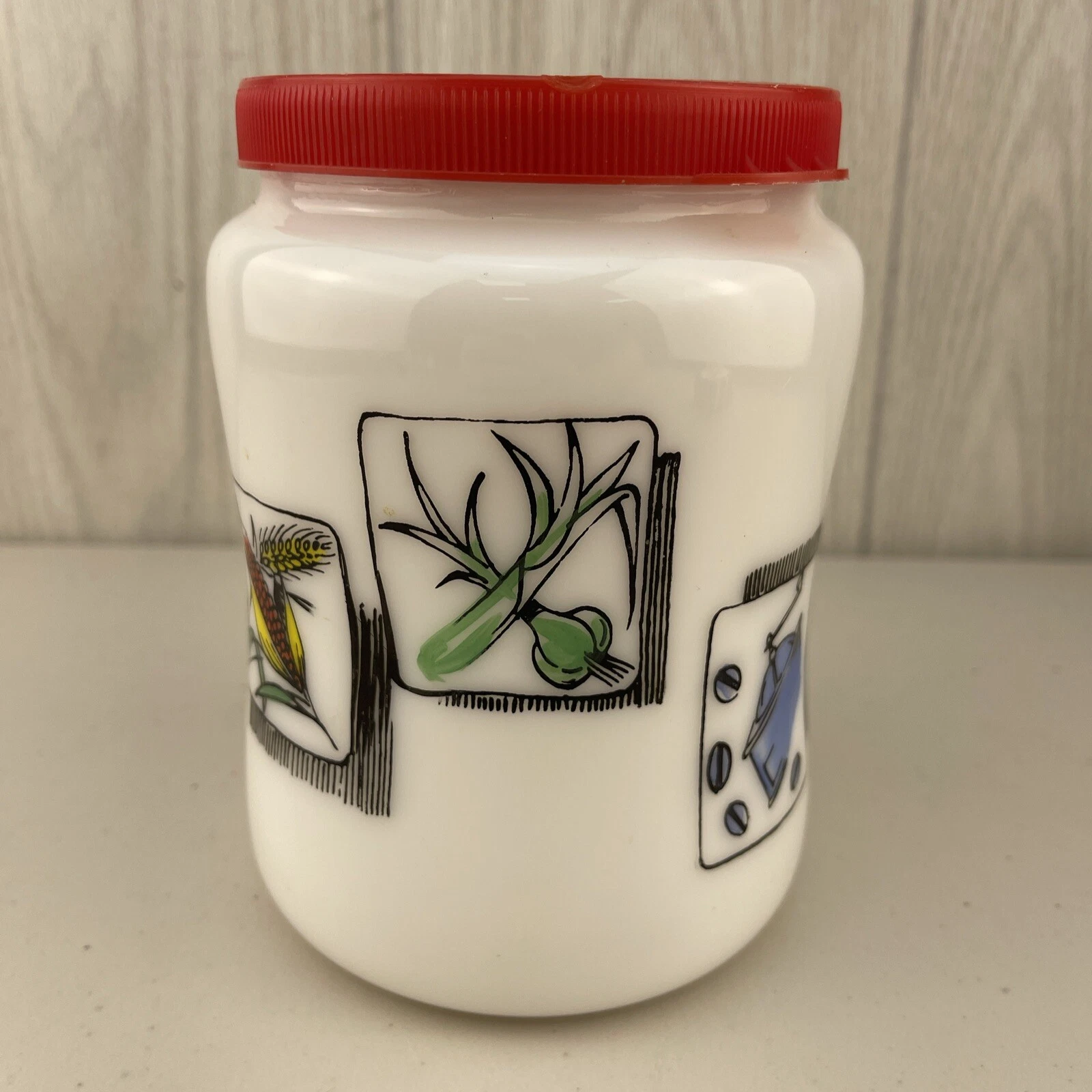 MCM Egizia Italy Vintage Milk Glass 6.25" Jar Canister Plastic Lid **READ**