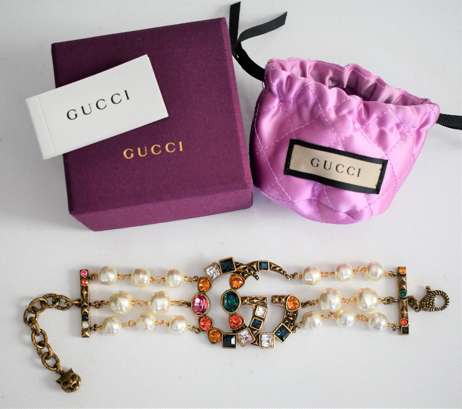 ️ Bracelet de déclaration authentique GUCCI CRISTAL DOUBLE G & FAUSSE PERLE