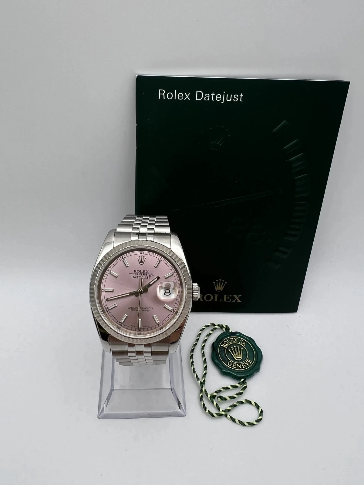 Pristine Rolex Datejust 36 mm 116234 18 carati lunetta scanalata quadrante rosa indice giubileo