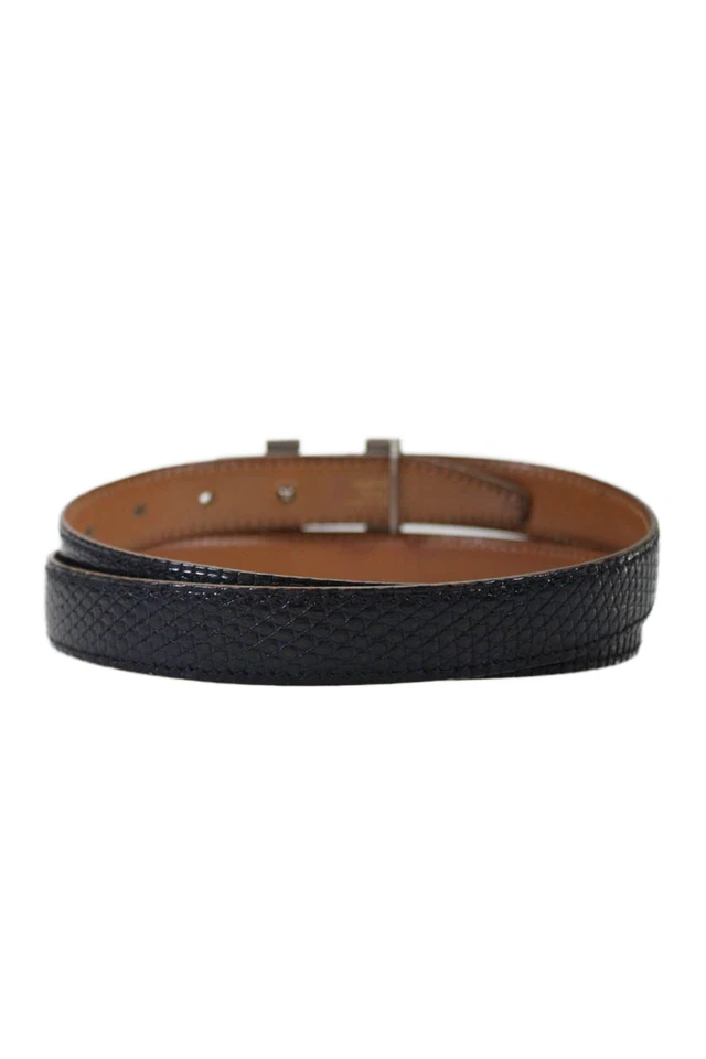Hermes Womens Leather Reversible Interchangeable Skinny Belt Navy Brown Size 26 - Image 3 of 4