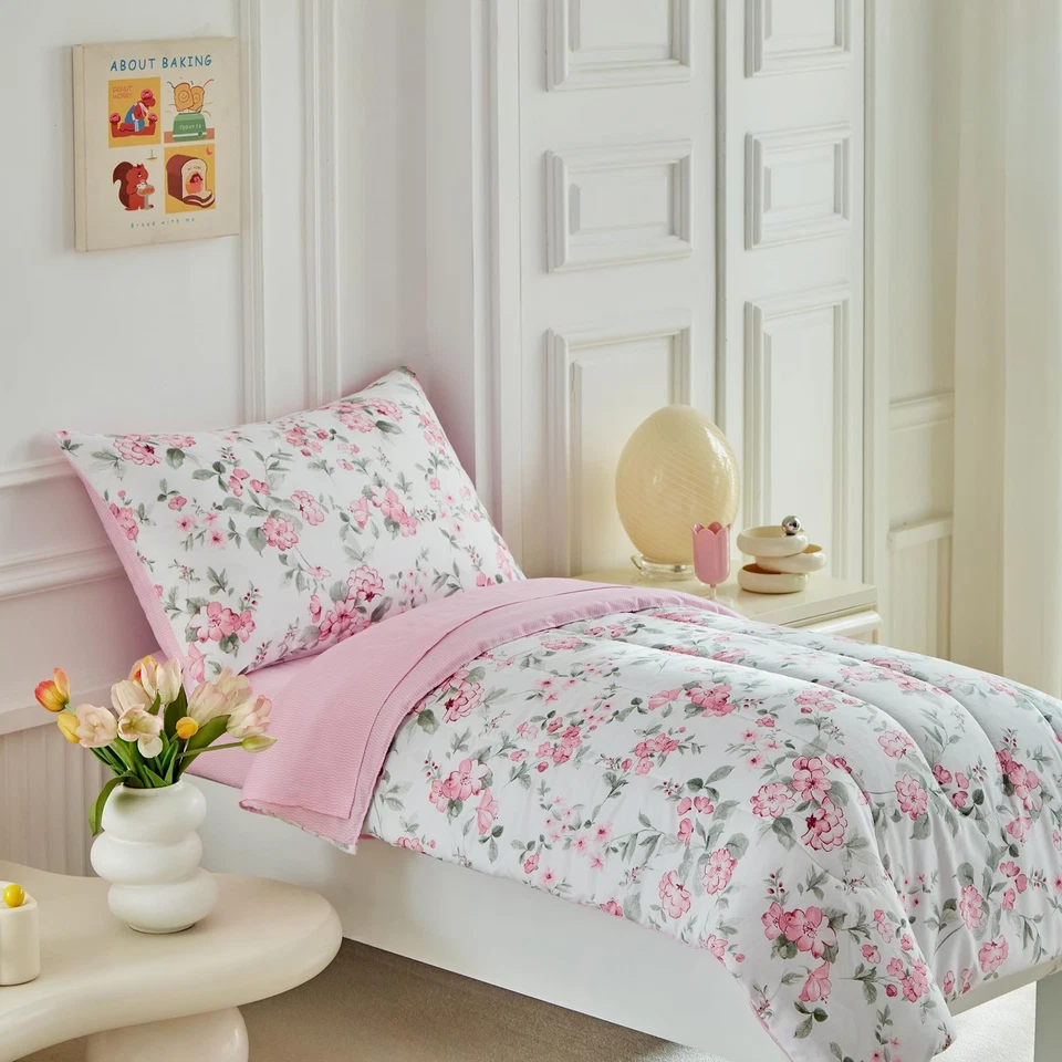 Комплект постельного белья из 4 предметов белый для мальчиков девочек - ультрамягкие розовые цветы с... - Изображение 4 из 4