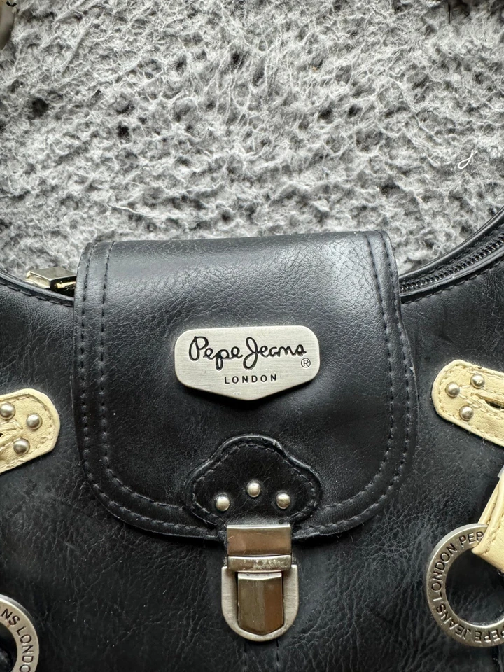 Pepe Jeans London Y2K Womens Studded Zip Pockets Leather Handbag Black — 第 4/4 张图片