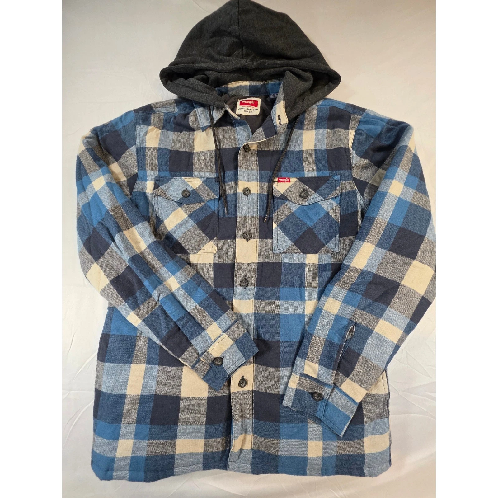 Wrangler Men Blue Plaid Hooded Quilted Flannel Shirt Jacket Size Small 112374180 image 1