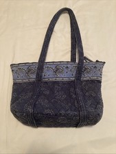Quilted Blue Paisley Floral Medium Tote Zipper Closure 6 Inside Pockets 1 Out