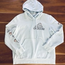 Adidas White Bloom Floral Hoodie Sweatshirt Light Blue Pink Roses Women XL Chic