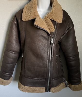 ZARA Aviator Jacket Faux Shearling Double Faced Biker Coat Womens