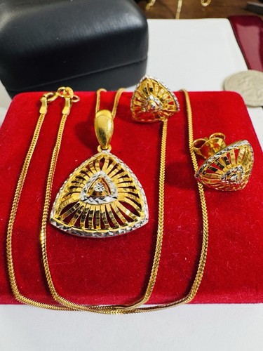 New 22K 916 Real Gold 20” Long Evil Eye Triangle Earring Set Necklace 1.6mm 9.6g - Picture 17 of 24