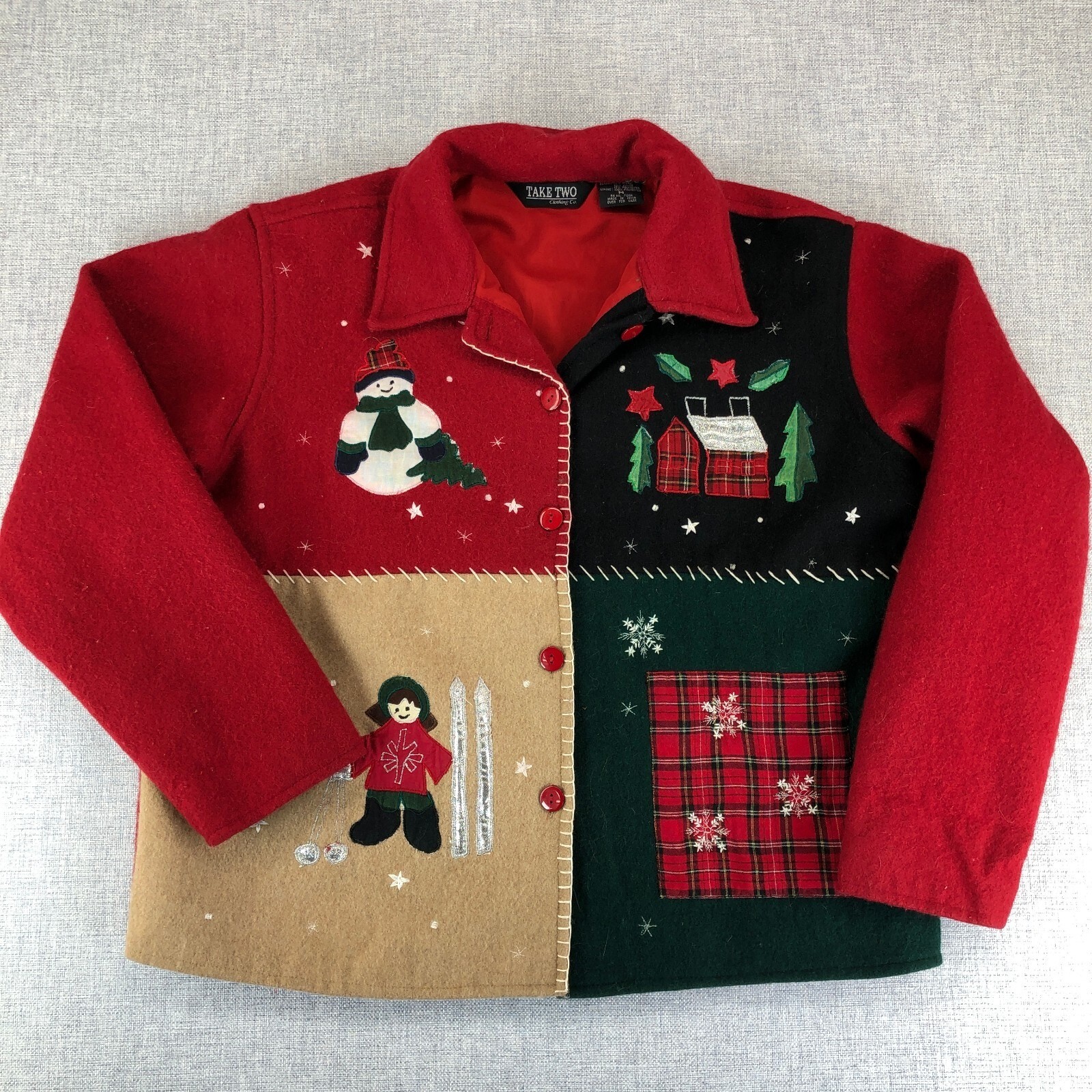 Vintage Winter Christmas Patchwork Wool Button Up… - image 1