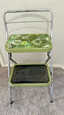 Vintage Mid Century Step Flip Seat Stool Chair Green Floral Metal Vinyl Kitchen