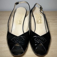Salvatore Ferragamo Black Patent Leather Gold Hardware Slingback Peep Toe Pumps