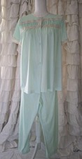 Vintage Pajamas Mint Green Top Pants Set Lace Ivory Trim Nylon S/S Button