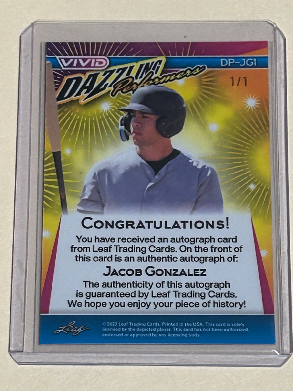 #1/1 JACOB GONZALEZ AUTO 2023 LEAF VIVID DAZZLING PERFORMERS VINYL GOLD SUPER SP view 6