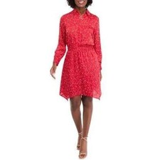 NWT $129 Vince Camuto Womens Red Floral Print LS Elastic Waist Shirt Dress SZ S