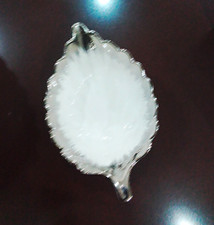 Set of 3 White Milk Glass Leaf-Shaped Bowls with Silver Rim (2 Large, 1 Small)