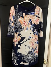 Vince Camuto Navy Multi Colored Sheath Dress 3/4 Sleeve Crew Neck Size 2 Petite