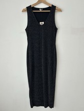 River Island Black Glitter Sparkle V Neck Bodycon Midi Dress With Split UK 14