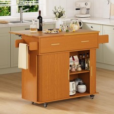 Rolling Kitchen Island with Drop Leaf Countertop&Ample Storage (Yellow Walnut)