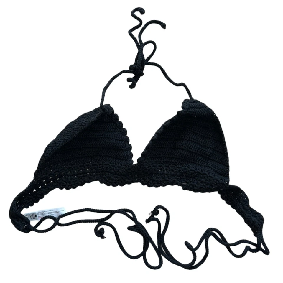 Black Crochet Whimsigoth Hippie Festival Knit Halter Neck Crop Bra Top - Size M - Image 2 of 4