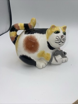 Fitz & Floyd Calico Kitty Cat & Mouse Piggy Bank Gift Gallery Black White Yellow