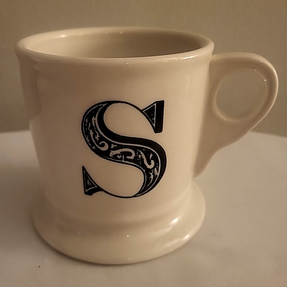 Anthropologie Monogram Initial Coffee Tea shaving Mug White Cup Black Letter S
