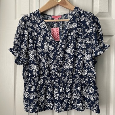 Coco & Shay Navy Blue White Floral  Short Sleeve Elastic Waist Women s Sz 2X NWT