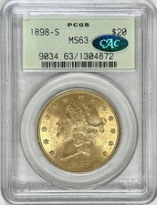1898 S LIBERTY HEAD $20 GOLD DOUBLE EAGLE PCGS & CAC MS63 OLD GREEN HOLDER OGH