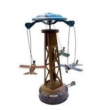 MM262 Aircraft Bi Planes Tin Toy Metal Wind Up Airplane Rotating Carousel READ