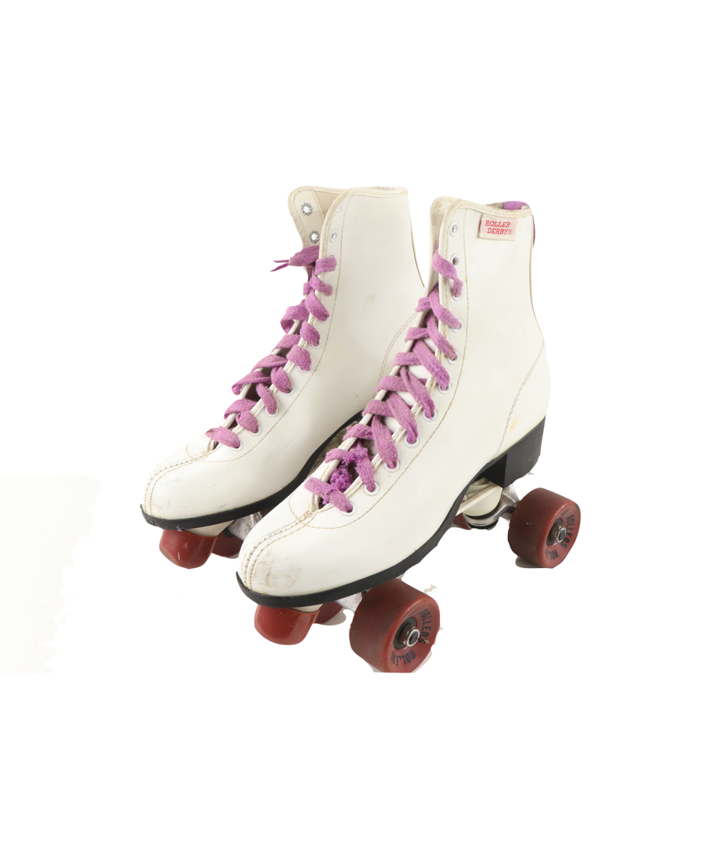 Vtg 70s Roller Derby Lace Up Leather Roller Skates White Purple Womens Size 