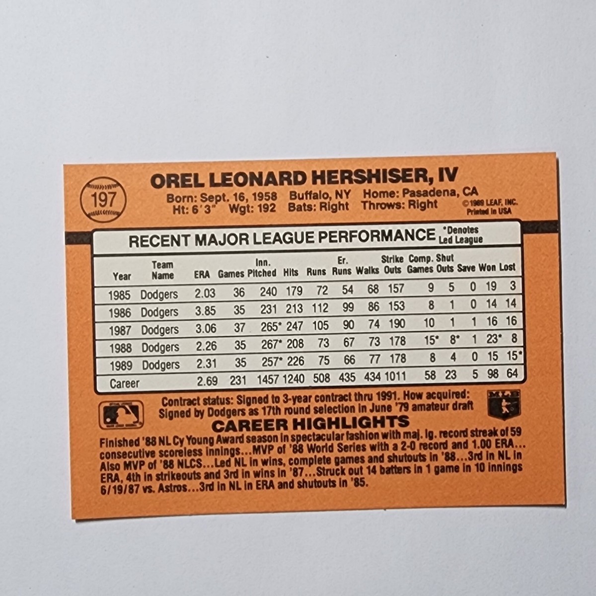 Orel Hershiser 1990 Donruss #197 Los Angeles Dodgers Error Card | eBay