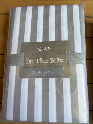 Land of Nod Grey Stripe In The Mix Crib Fitted Sheet NEW