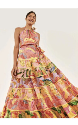 knee length dresses for ladies Farm Rio Tropical Tapestry Off-White Halter Neck Maxi Dress – Monelle  Vermont main image 1
