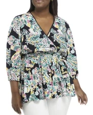 Crown & Ivy Faux Wrap Blouse Babydoll Top 2X Paisley Trellis Business Casual