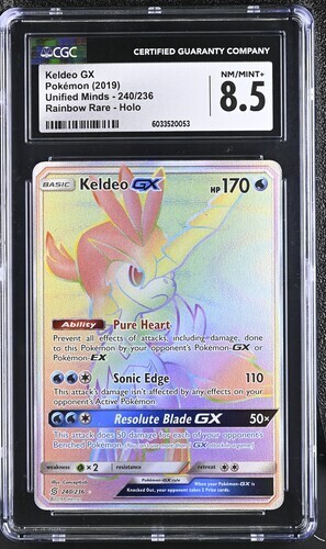 CGC 8.5 KELDEO GX 240 UNIFIED MINDS SECRET RAINBOW RARE SUN & MOON POKEMON