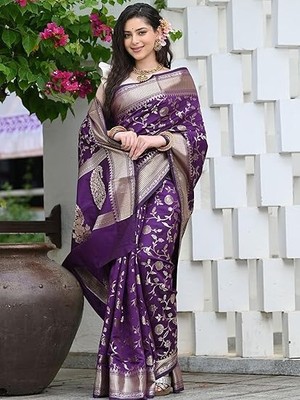 Sari in seta Chanderi con camicetta pronta da indossare. - Kashmiria Fashion
