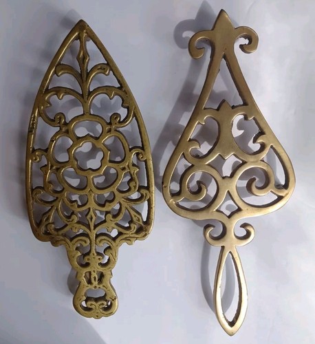 2 Brass Vintage Antique Trivets Circa 1900 - 7 1/2" Filigree & 8 1/4" Rosette
