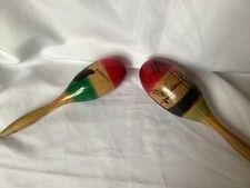 Set of 2 colorful wooden Maracas/rattles hand painted, Barbados