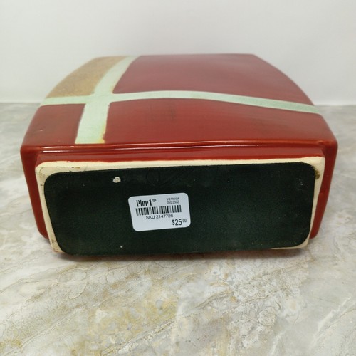 Pier 1 MCM Geometric Red Gold Glossy Textured Glazed Pottery Ceramic Large Vase - Picture 5 of 10
