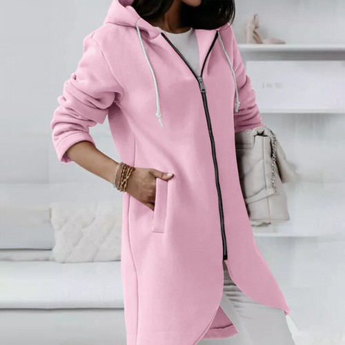 Women's Hooded Plain Zipper Long Tops Ladies Hooded Sweatshirt Jacket Coat Tops - Picture 23 of 32