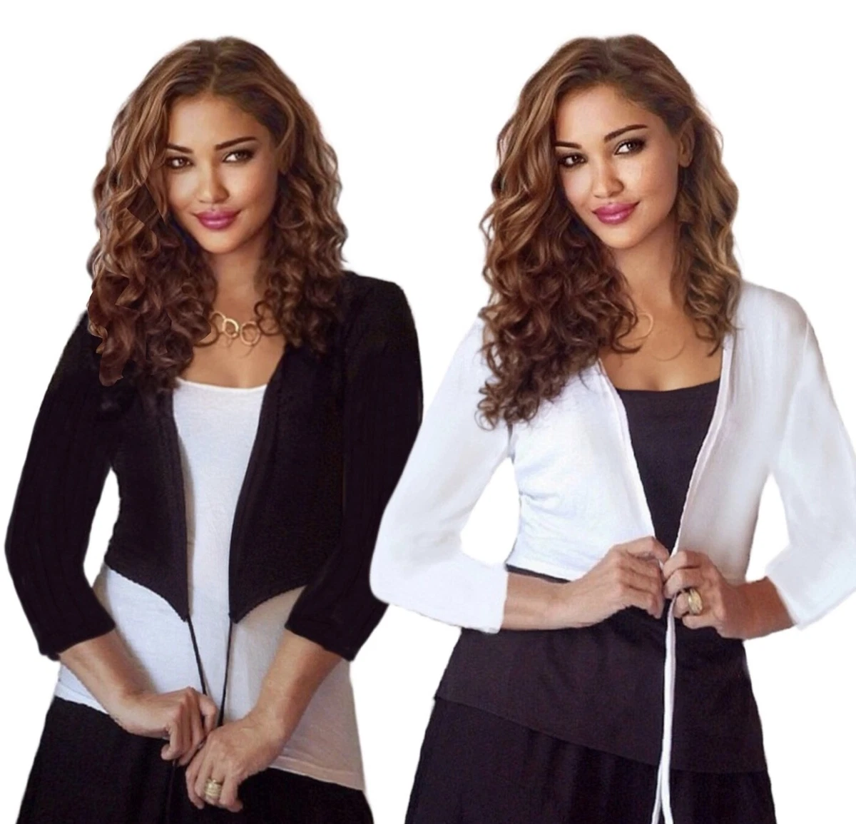 Bolero Jacket Shrug Boho 3 4 Sleeves Ties Chic Stretch Jersey Lycra H6320