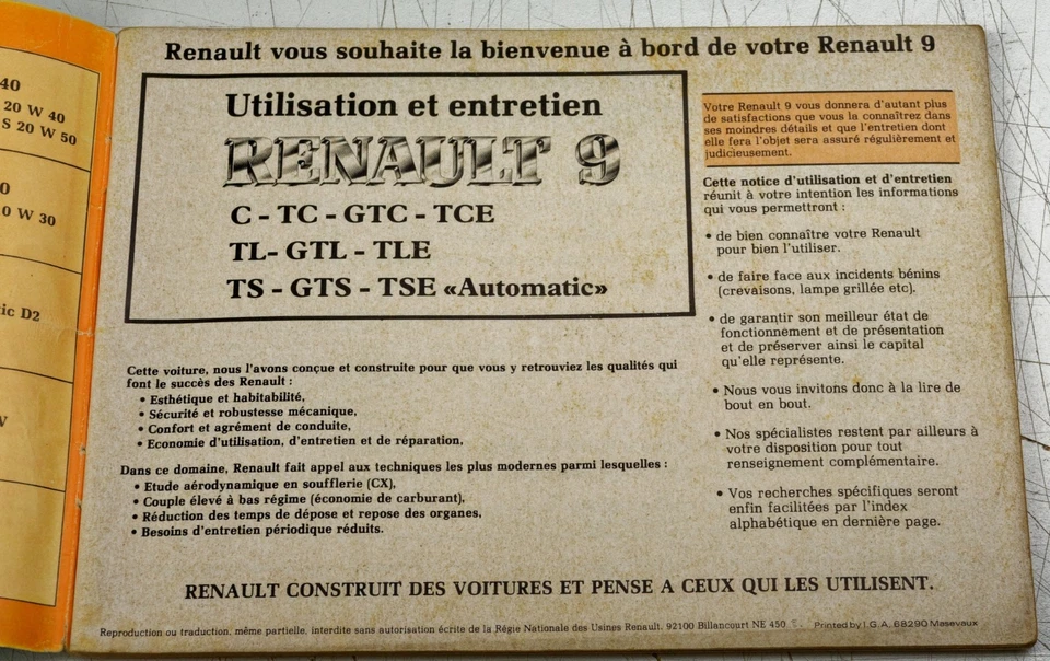 Livret d'utilisation et d'entretien RENAULT 9 C TC TL etc. vers 1981 (2) - Photo 2/3