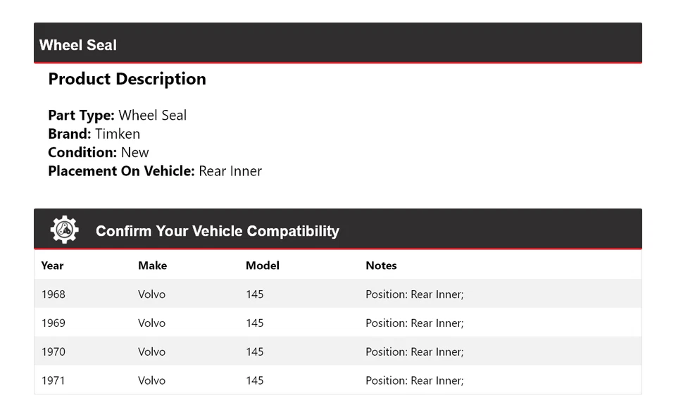 Sello de rueda interior trasero Timken 1969 1970 para Volvo 145 1968-1971 Foto 2 de 4