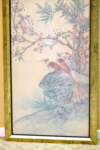 Vintage chinesische 2 große gerahmte Wandbehang Drucke Blumen/Vögel 13 3/4" x 38" - Bild 8 von 11