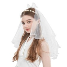 Girls First Communion Veil Set White Lace with Pearl Bow Communion Veil for G...