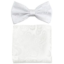 New formal Men's micro fiber pretied bow tie  hankie set paisley white wedding