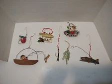 Fly Fishing Ornament LOT of 7 Painted Wood Primative decor trout Fish Santa CG 