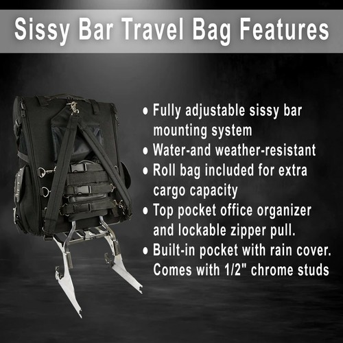 MOTORCYCLE LARGE SISSY BAR TRAVEL BAR BAG BACK PACK TRAVEL LUGGAGE BLACK Stud - Bild 2 von 5